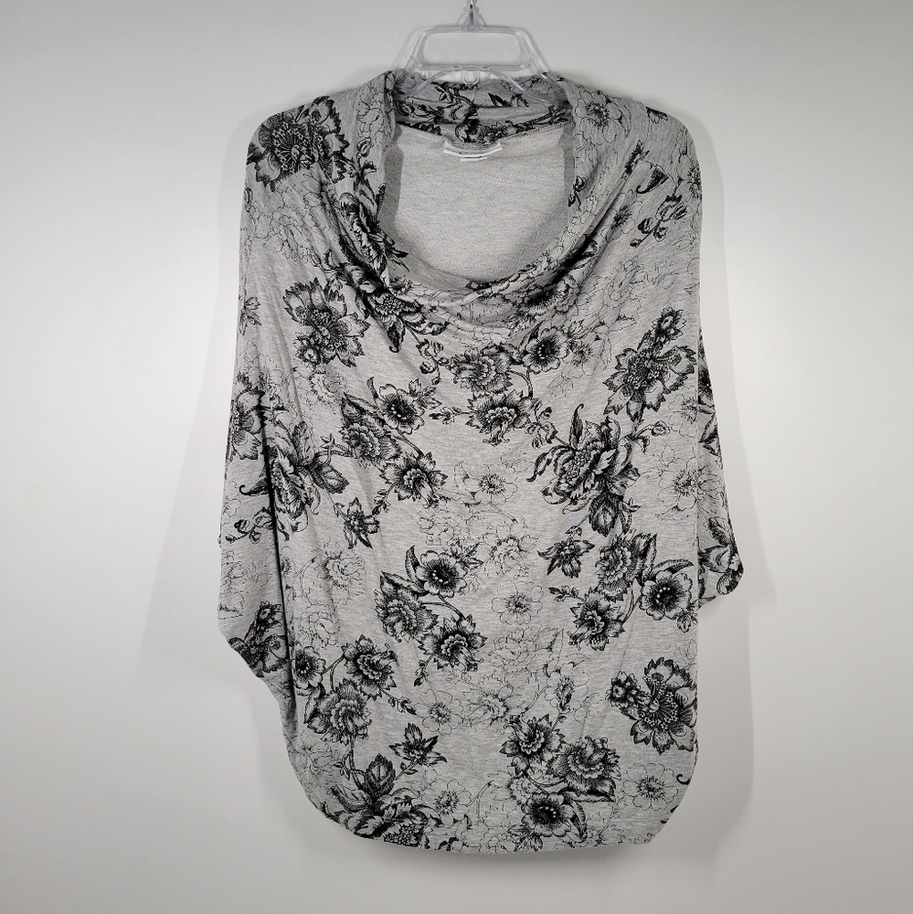 Bryn Walker Gray Black Floral Pull Over Cowl Neck Shawl Poncho Women Size Medium